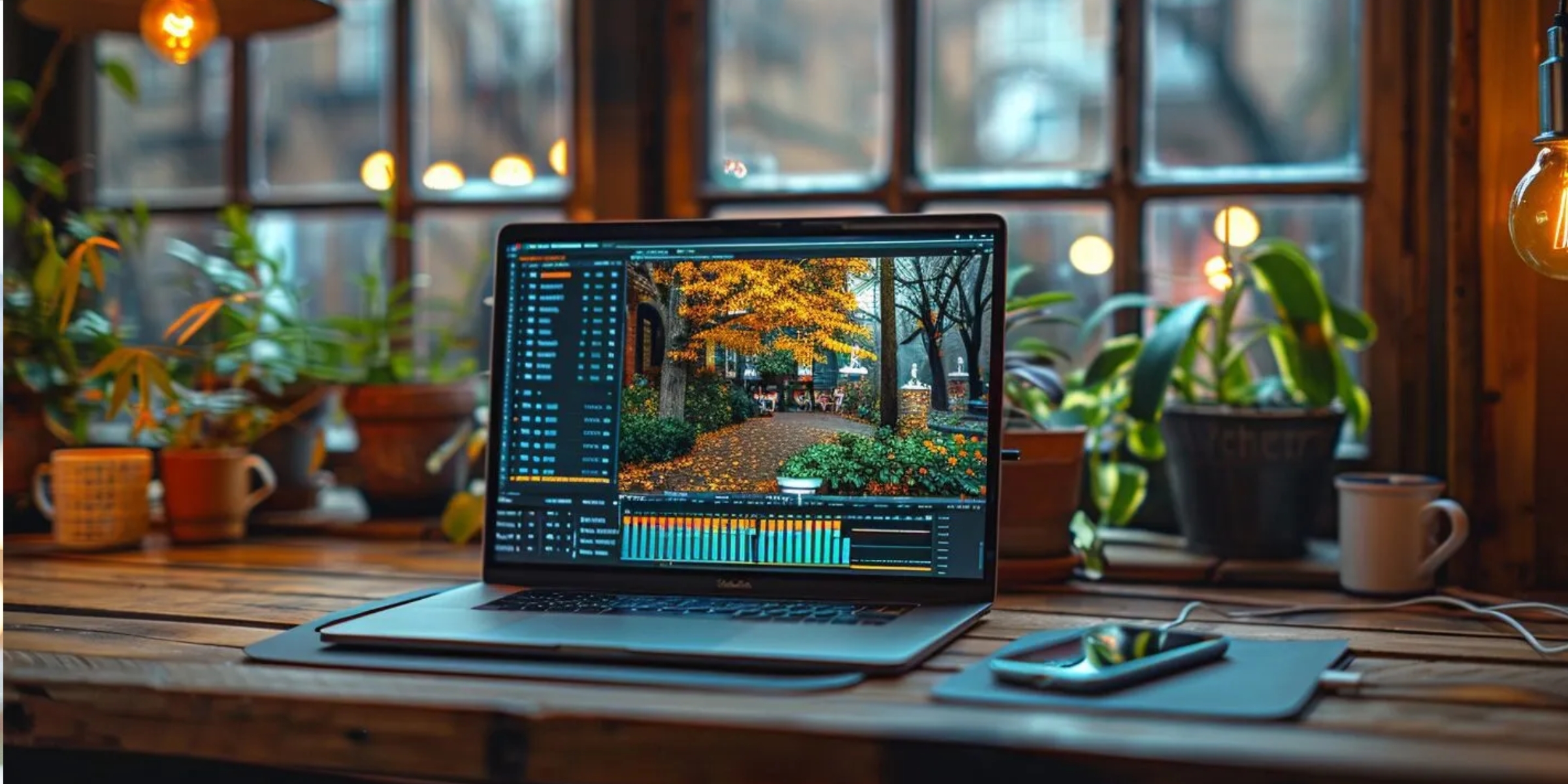 a laptop beside a window overlooking a forest